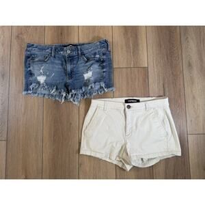 Lot 2 Express Shorties Shorts Y2K Stye Khaki Chino Sz 6 Low Rise Frayed Mini
